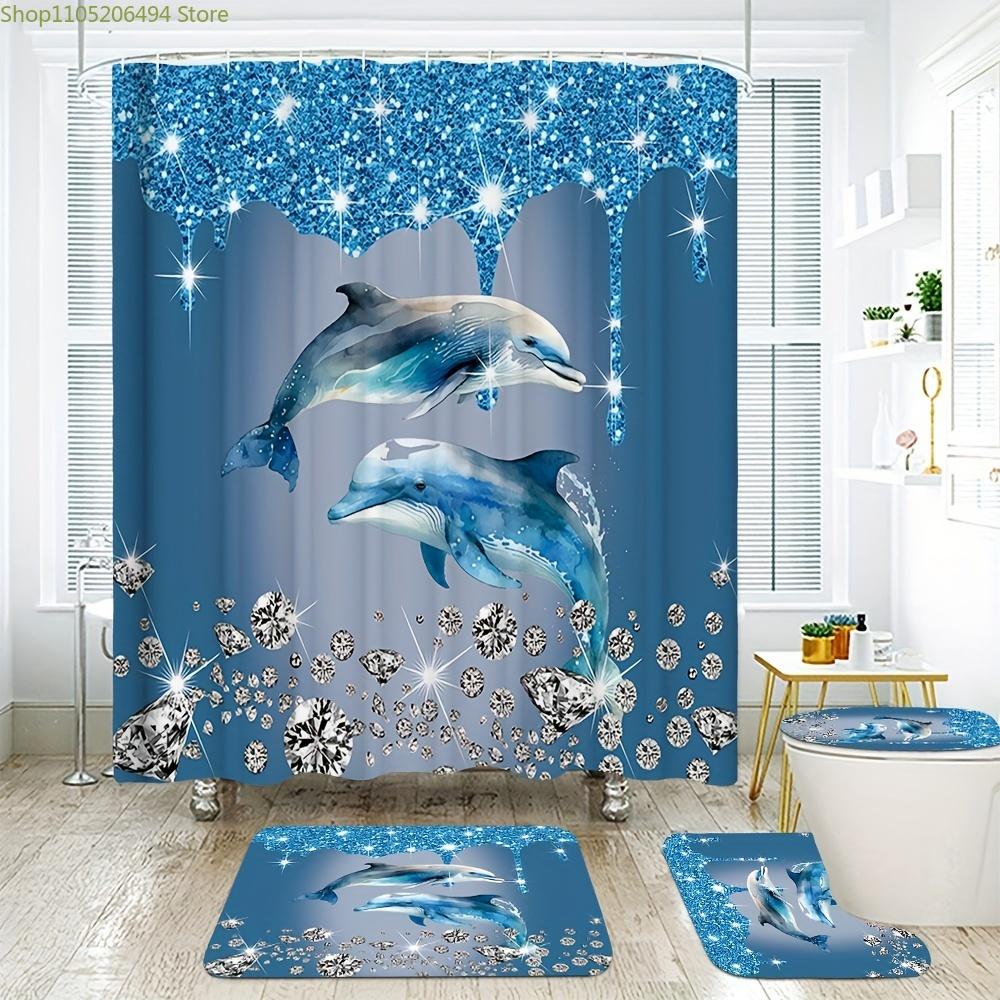 1/3/4pcs Blue Diamond Dolphin Print Shower Curtain Set Non-Slip Toilet Lid U-Shaped Polyester Fabric Shower Curtain with 12 Ho