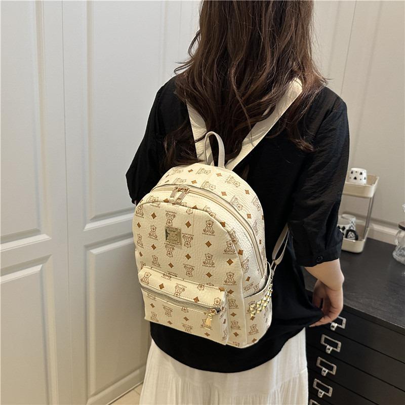 Women's Bag New Fashionable Retro Bear Printed Backpack Large Capacity Student Schoolbag Pu Backpack