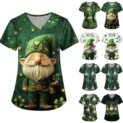 Women's Cute Printed Work Clothes V-neck Double Layer Pockets Basic Short Sleeve Top Pullover St. Patrick's Day