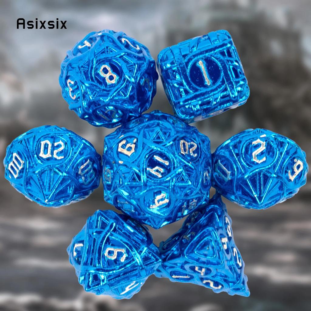 7 Pcs Blue White Stripe Metal Dice Solid Metal Polyhedral Dice Set Suitable for Role-Playing RPG  Board Game Card Game