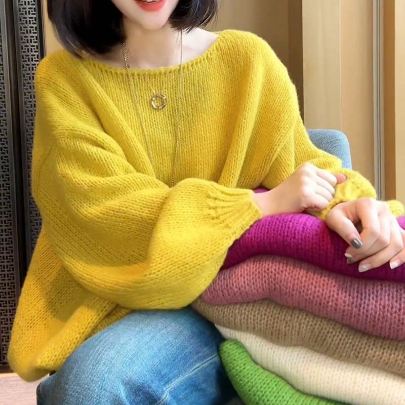 Sweet Style Age-reducing All-match Solid Color Long-sleeved Sweater Women's Loose Lazy Style Slim-fit Knitted Top