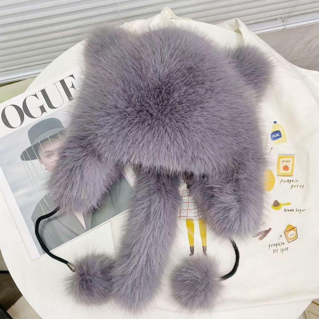 Girls' Winter Furry Lei Feng Hat with Cute Bear Ears and Face-Revealing Design for Northeast China