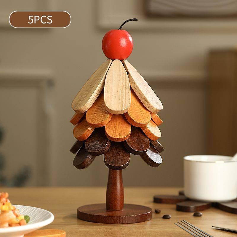 Foldable Christmas Tree Insulation Mat Set Wooden Kitchen Heat Resistant Pot Mat With Organizer Rack