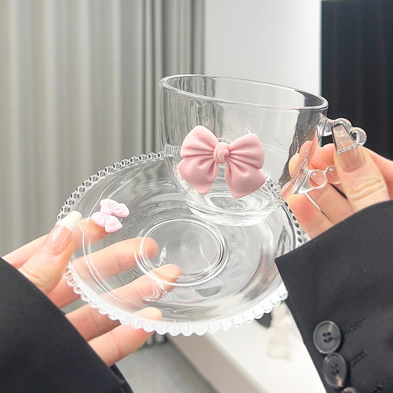 Round Beads Point Glass and Saucer Transparent Bow Glass Coffee Mug Round Saucer Set Breakfast Milk Glass Kitchen Utensils