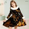 Girls Furry Collar Long Sleeve Galaxy Printed A Line Flared Dress