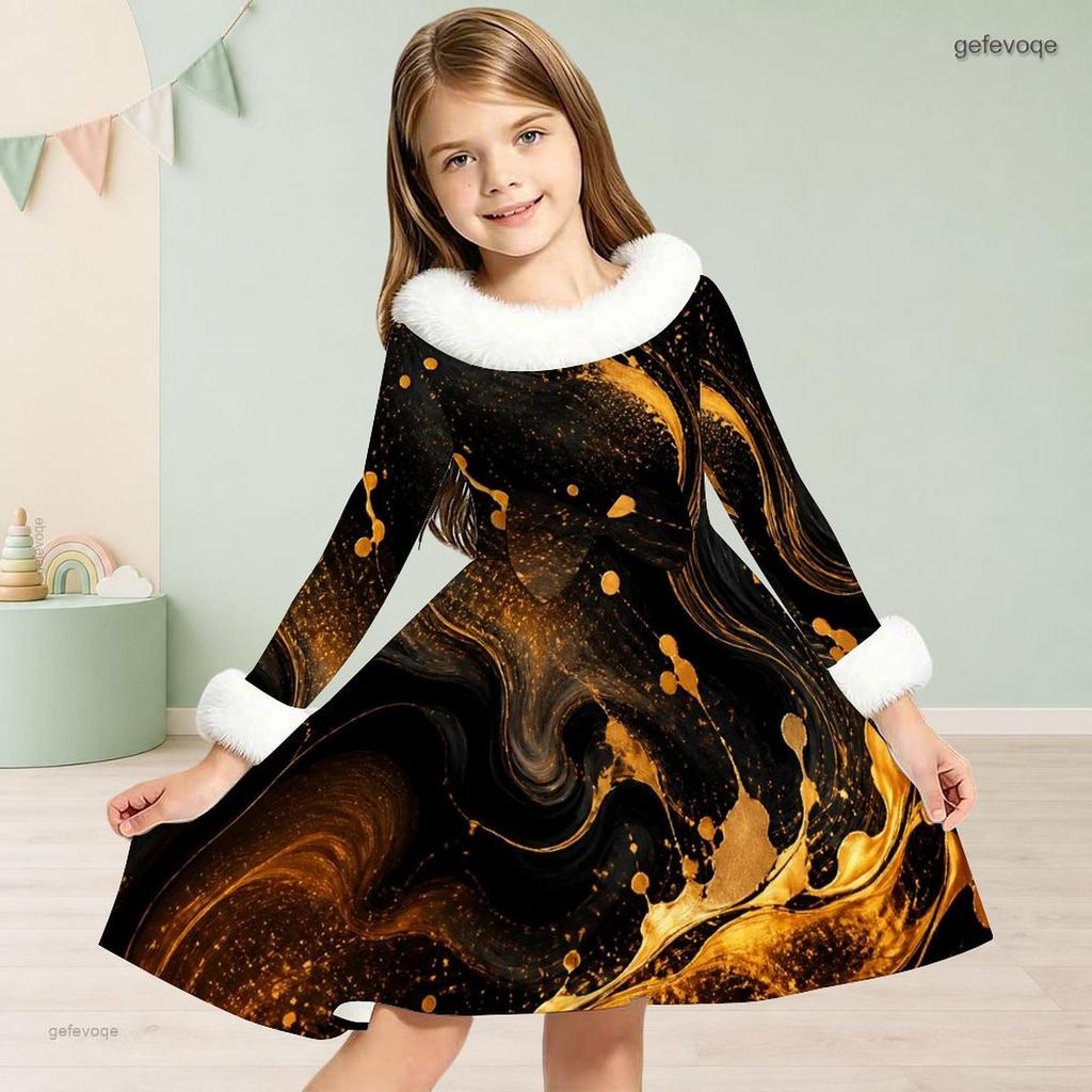 Girls Furry Collar Long Sleeve Galaxy Printed A Line Flared Dress