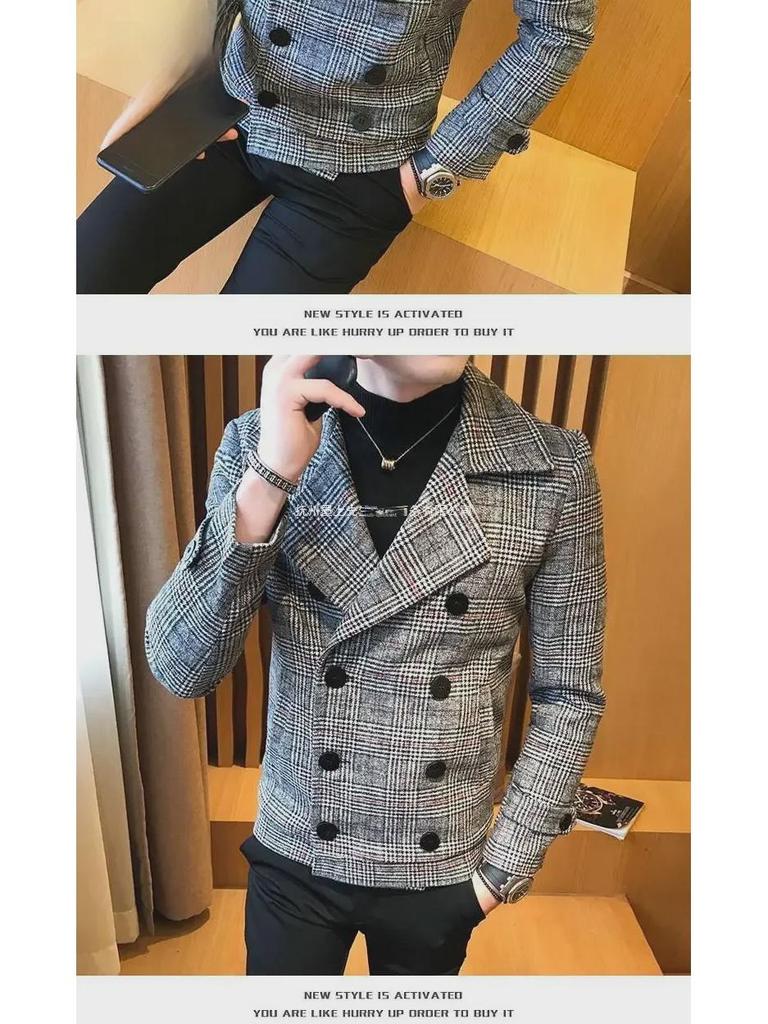 Men's 2022 Korean Style Plaid Woolen Short Coat - Trendy & Handsome for Autumn/Winter