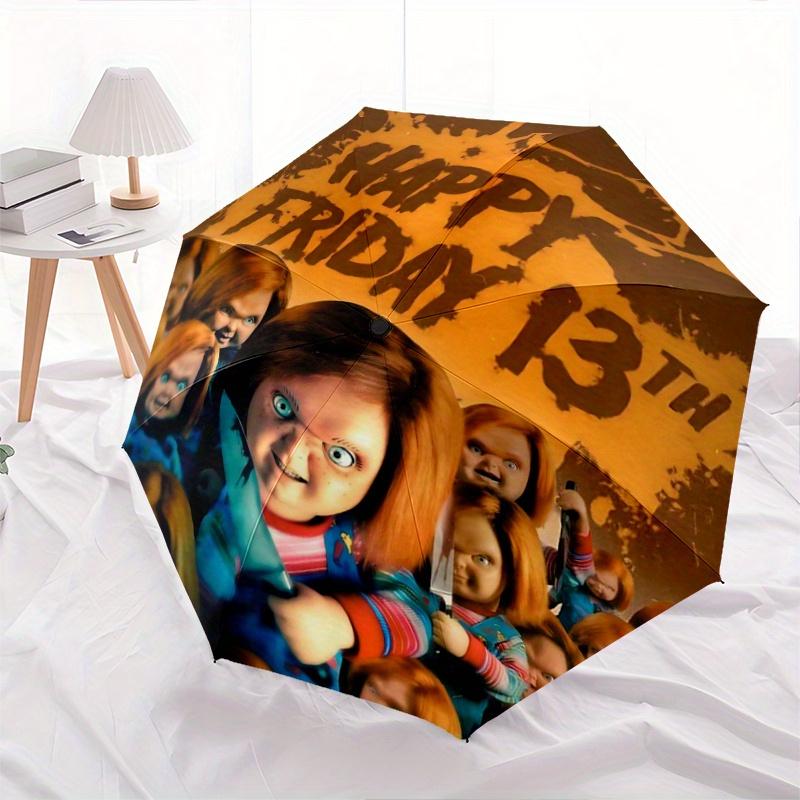 

1pc Chucky s Friday 13th Enthusiasts Cartoon Umbrella, Portable 3-Fold Compact Umbrella, Suitable for Camping, Hiking and Travel, Ideal Easter Birthda