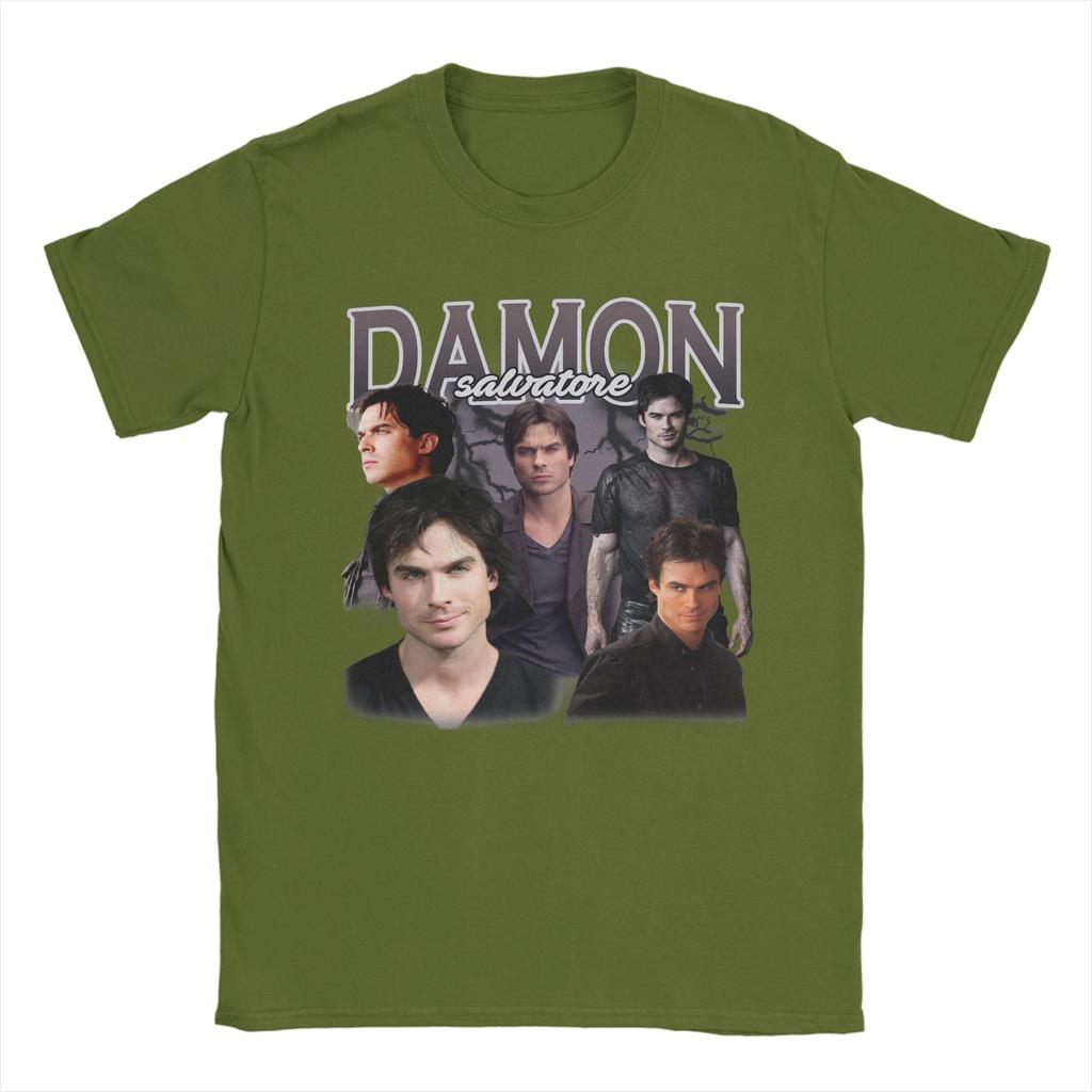 Damon Salvatore TShirts for Unisex Crewneck Pure Cotton T Shirts The Vampire Diaries Ian Somerhalder Short Sleeve Tees Clothing