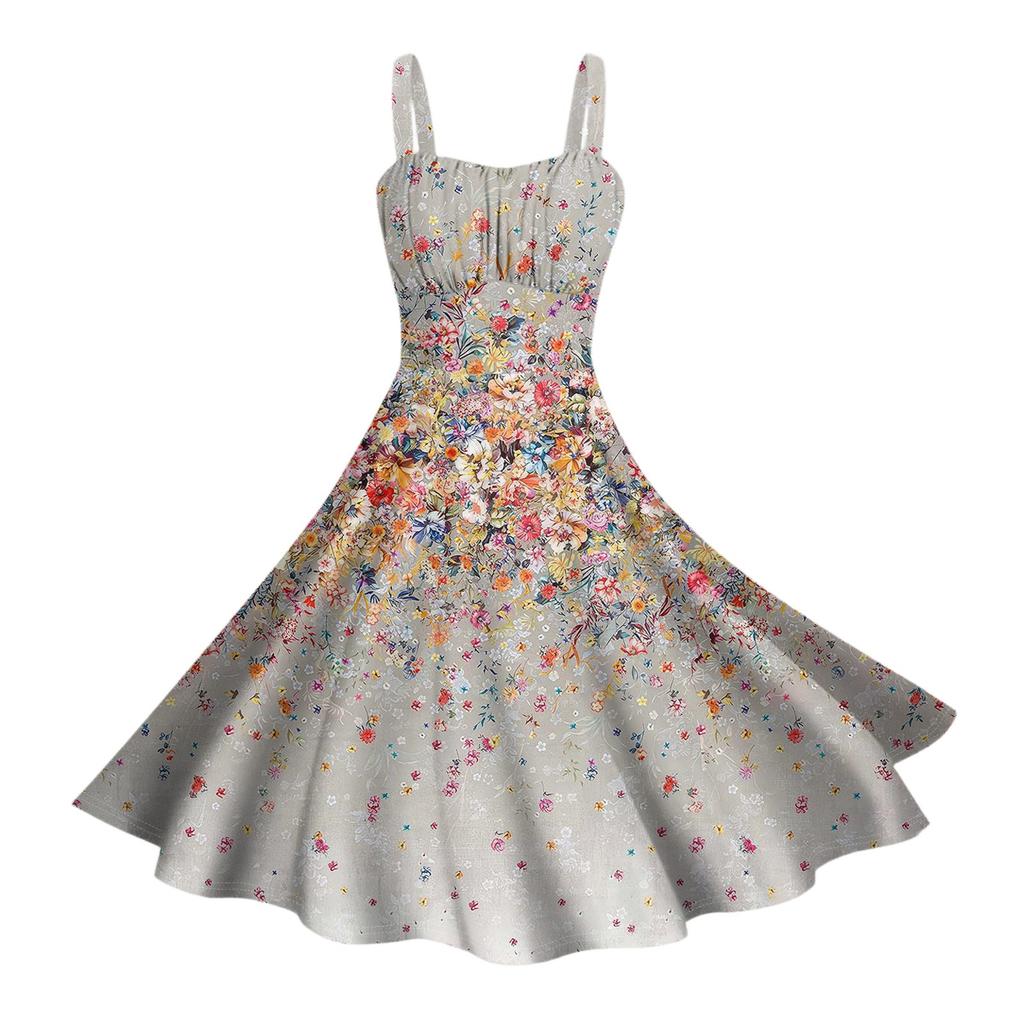 Damen Vintage Ärmellos Plissiert Patchwork Niedlich A-Linien Saum Blumendruck Kleider