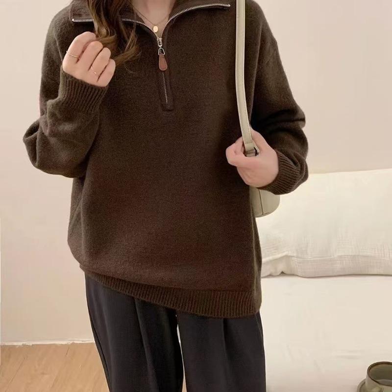 Korean Style Small Horse Embroidery Half-Zip Lapel Pullover Knitwear for Women