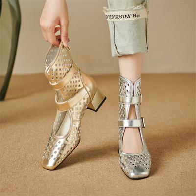 Moda Nuovi Sandali Estivi Punta Quadrata Tacco Chunky Moda Sandali Traforati Scarpe per Donna Zapatos De Mujer Sandali Stivali in Rete