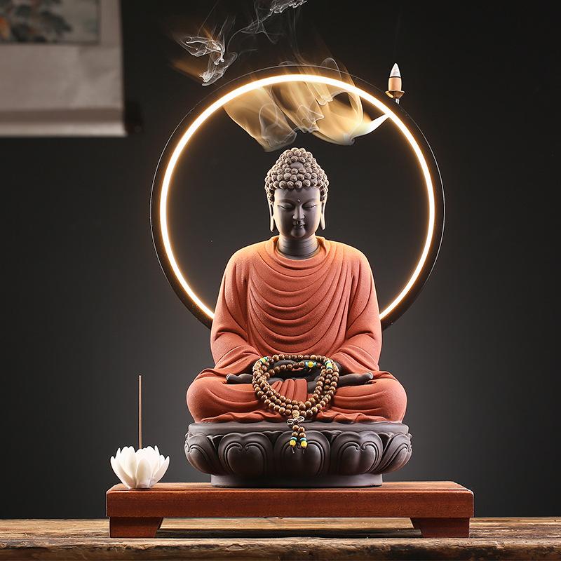 Home Decor Buddha Statue of The Great Sun Buddha Shakyamuni LED Light Circle Decorations Ornaments Backflow Incense Burner