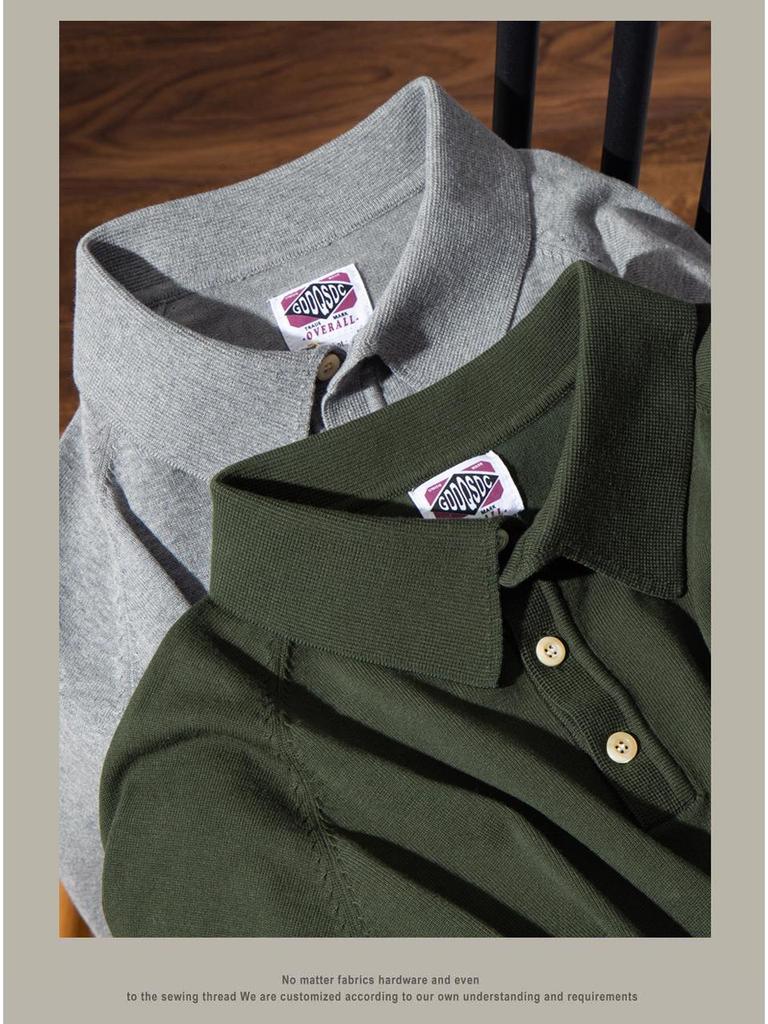 Men's Italian Khaki Knitted Polo Shirt - American Retro Short-Sleeved Cotton Tee for Summer