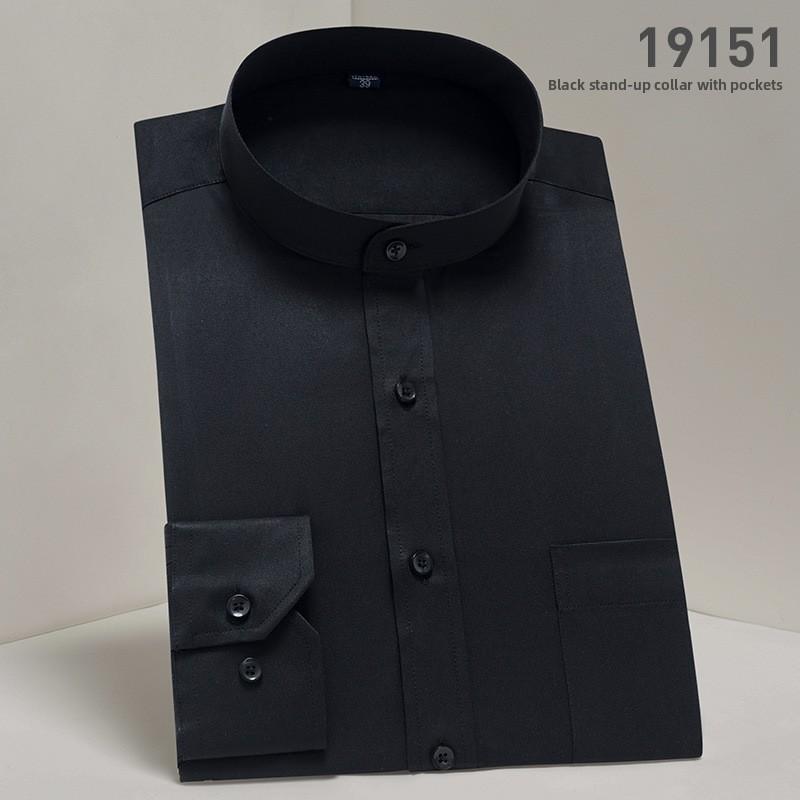 Camicia da uomo a maniche lunghe con colletto alla coreana in misto cotone antipiega per abbigliamento business casual