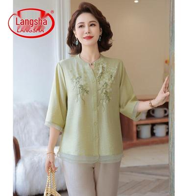 Mid-Aged Women's Embroidered Cotton Linen Short Sleeve Top