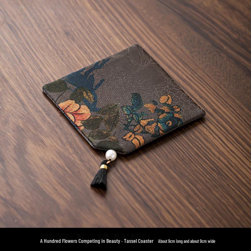 Elegant Chinese Tassel-Fabric Coaster: Waterproof, Anti-Slip, Double-Sided Tea Table Accessory
