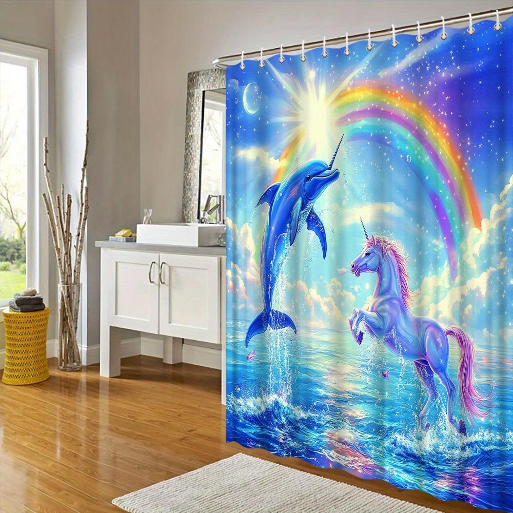Magical Creatures Shower Curtain - Unicorn & Dolphin, Rainbow Dreamland, Watercolor Style, Water-Resistant Polyester