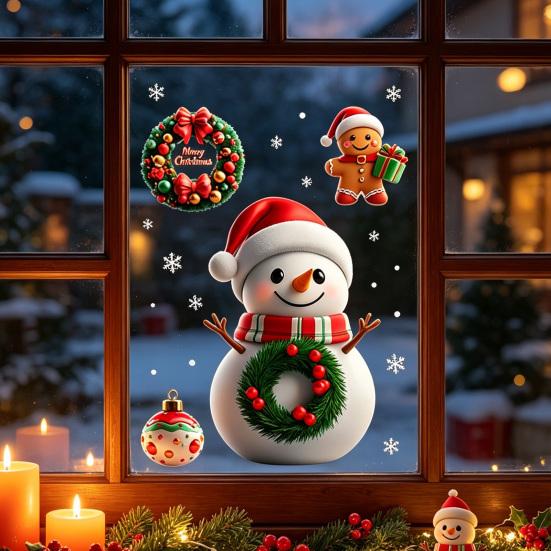 Static Cling Decals Christmas Window Clings, Reusable with Santa Snowman Snow Removable House Designs, Double Sided Glass Stickers for Holiday