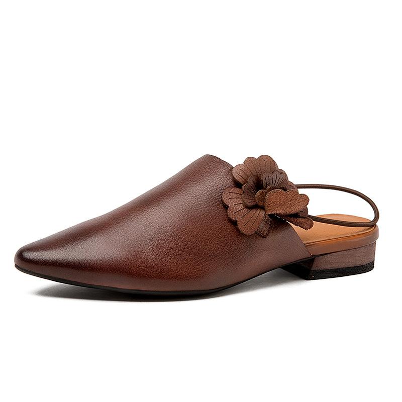Women's New Spring/Summer Pointed Silk Cowhide Leather Embroidered Middle Heel Large Headed Muller Slippers