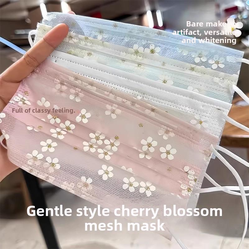 10 Pièces Masques Jetables en Maille pour Femmes de Haute Valeur Anti-Poussière Crème Solaire Mignon Fleur de Cerisier Respirant Fin Printemps et Été