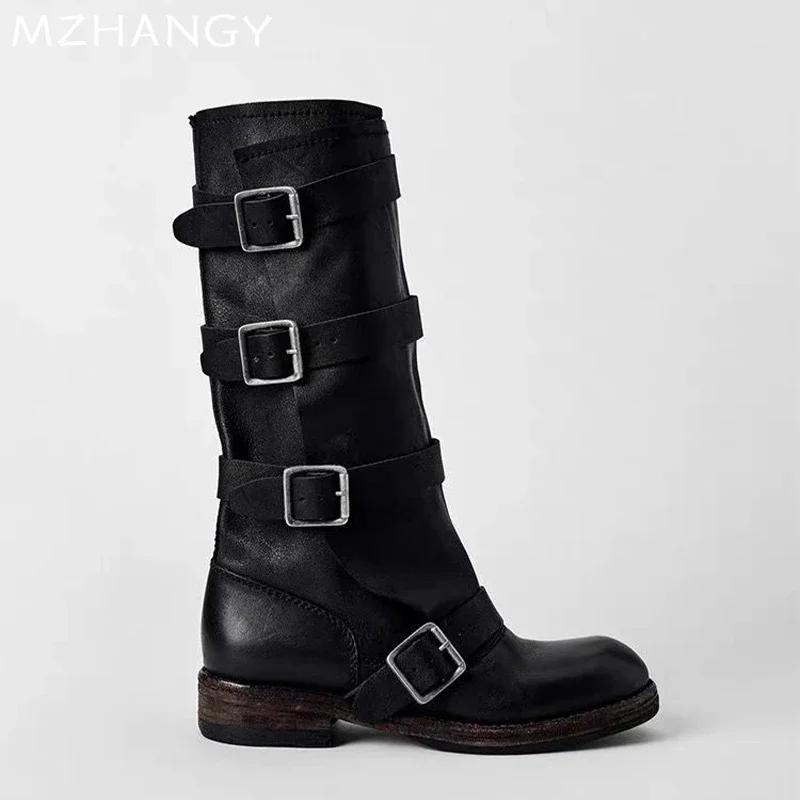 Fashion Women's High Boots Flats Designer Mid Calf Woman Shoes Autumn Retro Chelsea Boots 2025 Fashion Goth Gladiator Botas De Mujer