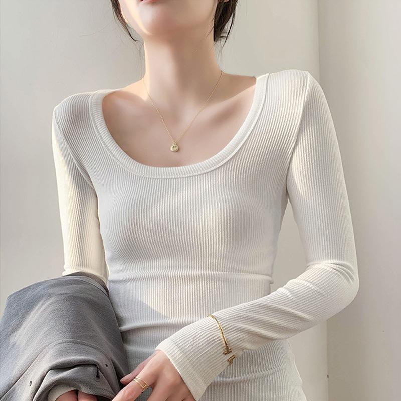 Women Solid High Elastic Slim Long Sleeve Round Neck Casual Bottoming T Shirt