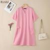 ZANZEA Women Turn Down Collar Summer Short Sleeve Casual Dress