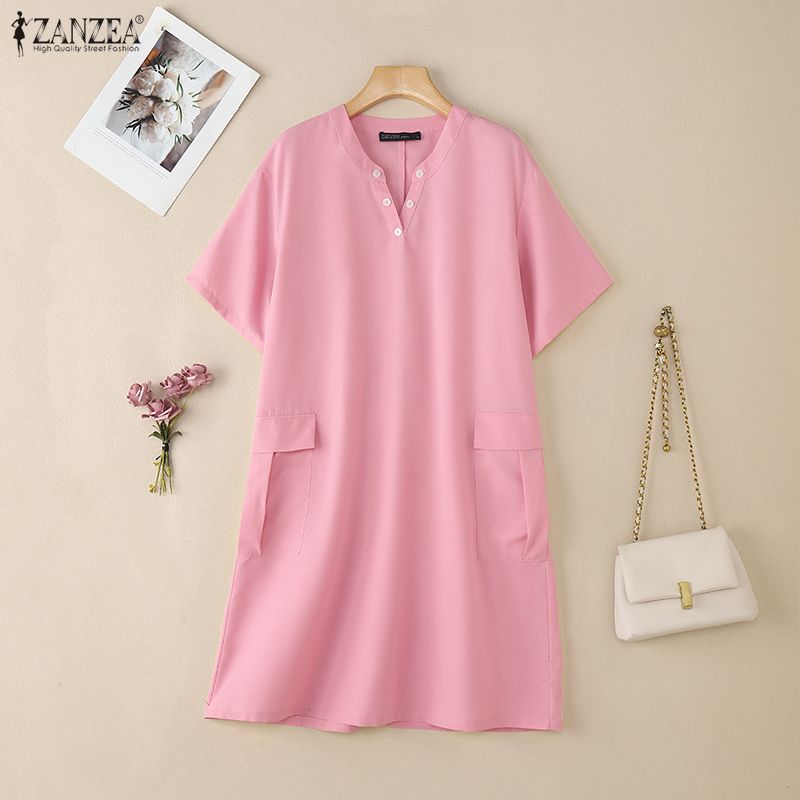 ZANZEA Women Turn Down Collar Summer Short Sleeve Casual Dress