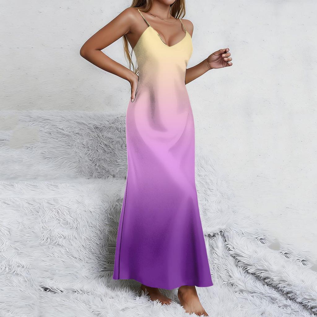 Maxi Abito Smanicato Sfumato con Spalline Sottili Regolabili Scollo a V Casual Vestibilità Larga Estivo Lungo