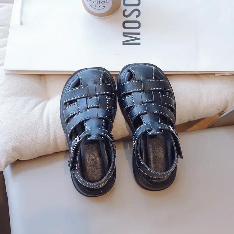 Kids Soft Fashion Beach Shoes 2024 Summer Kids Headed Hollow Sandals Solid Color Baby Girls Retro Princess Shoes for Vacation