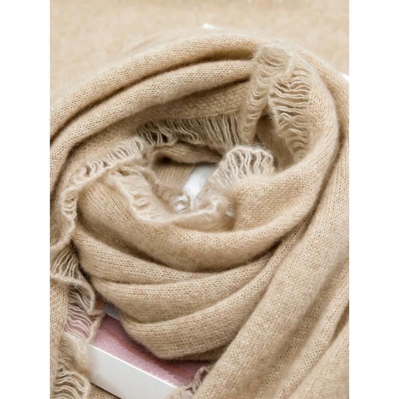 100% Wool Rectangular Shawl Tassel Ruffle Solid Color Enlarged Knitted Scarf Women'S Outdoor Cold Proof Straight Coat Cardigan