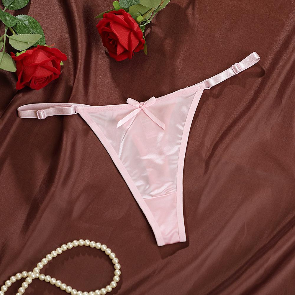 

Роскошные стринги из сатина с регулируемыми бретельками: Женские трусы-стринги с низкой посадкой, «персиковыми» бедрами и отделкой бантом (994) M