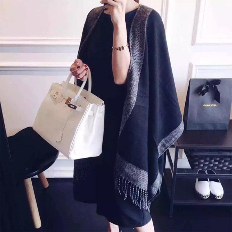 Women Faux Cashmere Tassel Shawl Black Gray Solid Winter Autumn Scarf