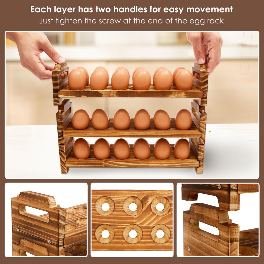 3 Tier Wooden Egg Holder Stackable Kitchen Egg Holder Holding Up to 36 Fresh Egg Countertop Storage Rack for Home Cabinet Fridge