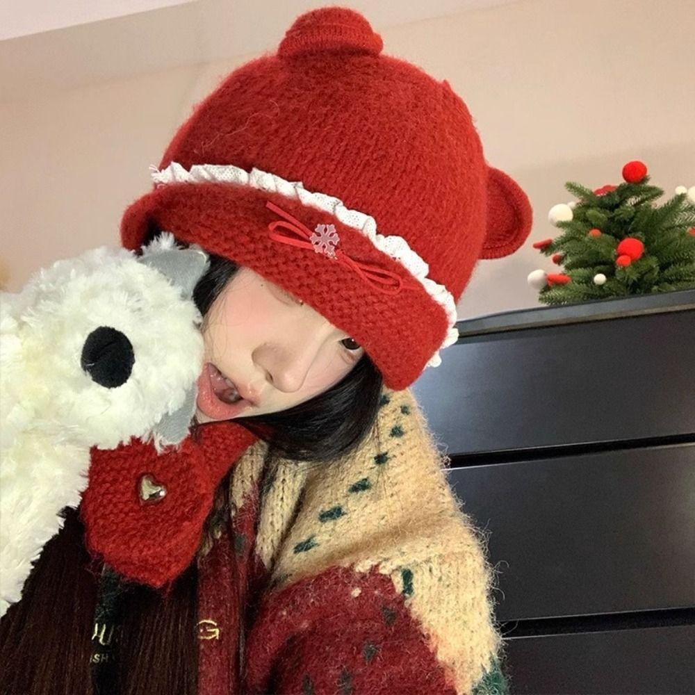 Sweet Neck Collar Beanies Cap Bow Pullover Cap Fashion Bear Ear Knitted Hat Autumn