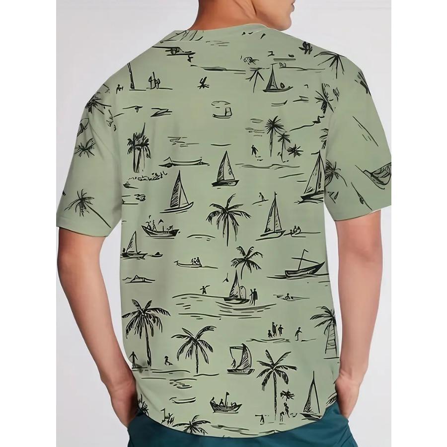 Men Tropical Palm Tree Graphic T-Shirt - Breathable Mesh Fabric, Casual Short Sleeve Crewneck, Summer Style with Sailboat & Coconut Design