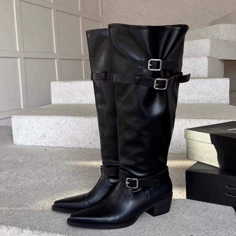 0000 autumn and winter new big tube heap boots thick heel pointed belt buckle high knight boots Spice girl wide tube boots