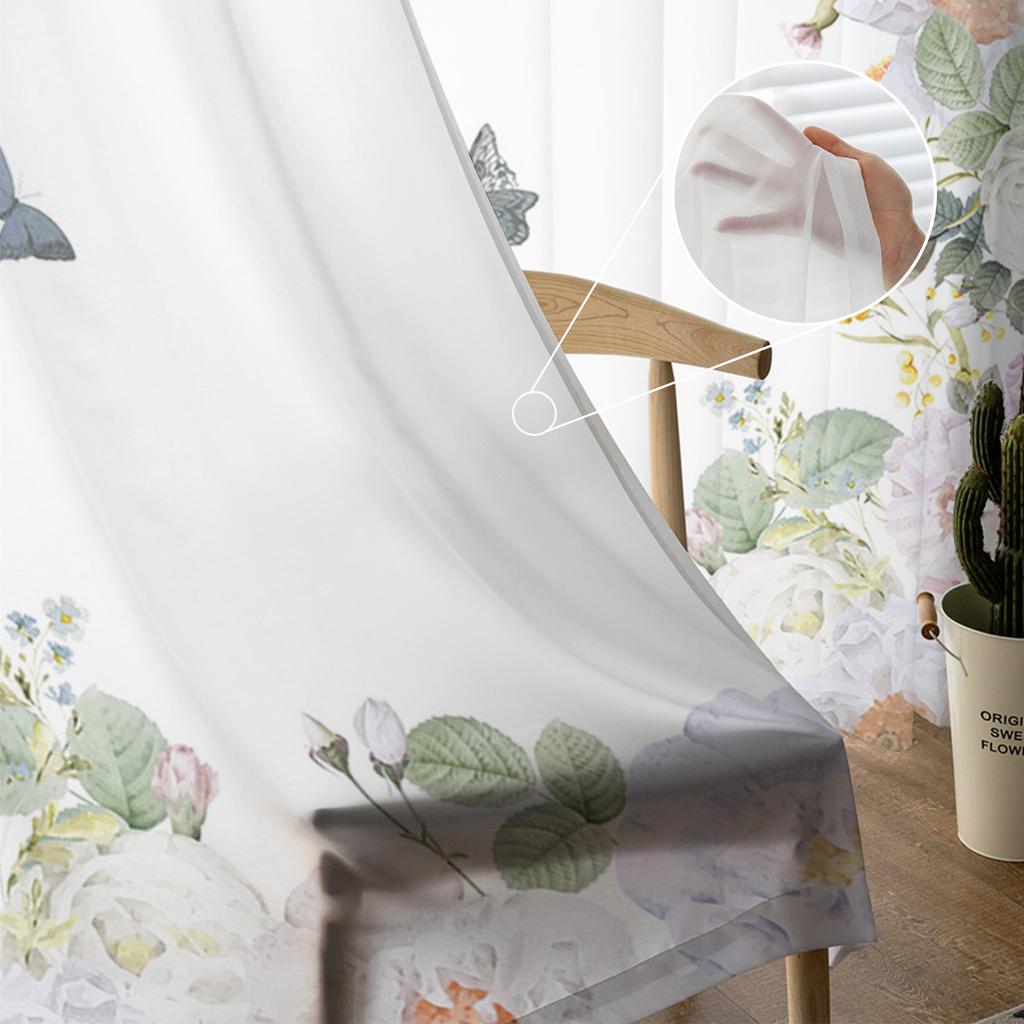 Watercolor Butterfly Flower Plant White Sheer Window Curtain Tulle Curtains for Livingroom Bedroom Hotel Home Decor Voile Drapes