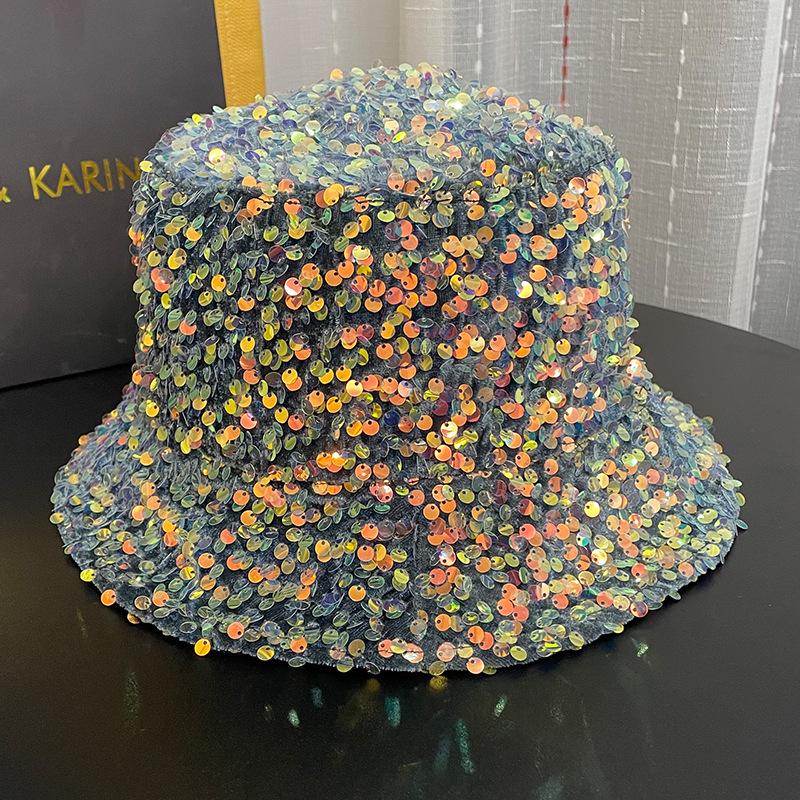 

Spring and summer sunshade bucket hat women s color sequins sparkling hat fashion personality catwalk dance hat Adult (56-58cm)