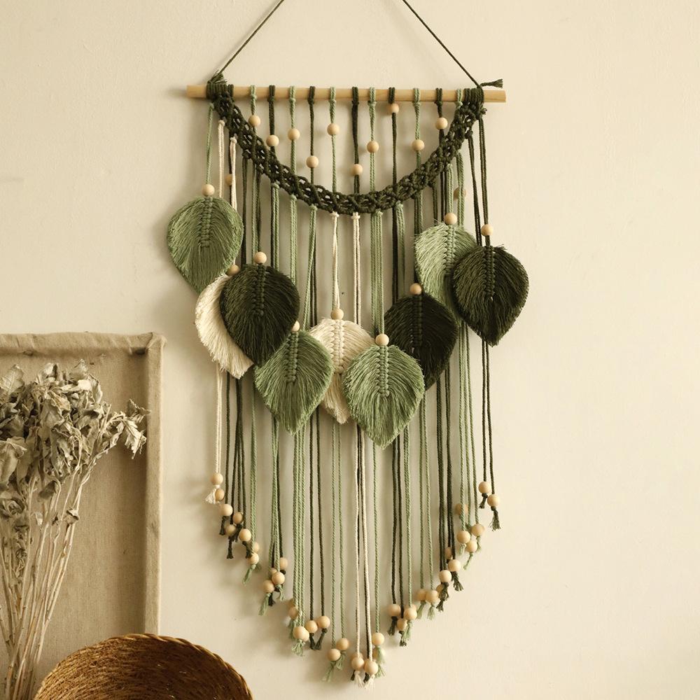 Handmade Cotton Thread Woven Wood Beads Leaf Tapestry Simple Home Bedroom B&B Wall Decoration
