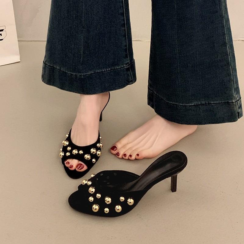 Large size rivet open-toed cool slippers women's summer new thin heel wear sexy high-heeled one-word slippers