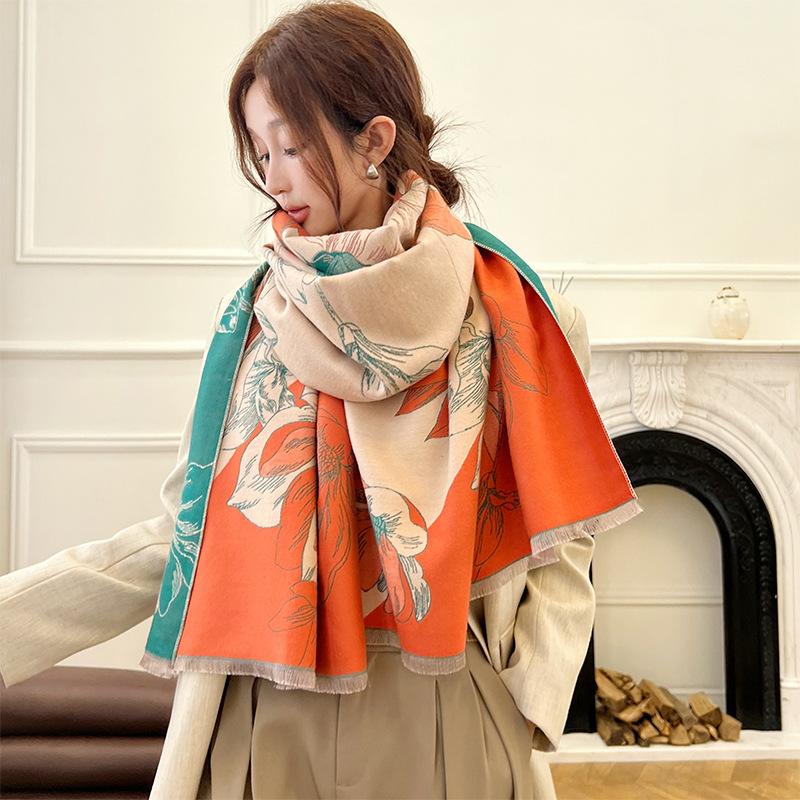 

New Magnolia Flower Fragrance Imitation Cashmere Scarf Women s Winter High End Fashion Double-sided Scarf Thickened Cold Proof Shawl 65*190cm