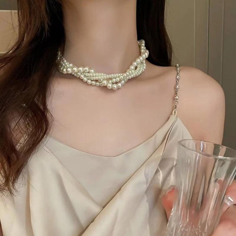 Natural Freshwater Pearl Necklace Multilayer Beaded Choker Necklace Collarbone Chain Elegant Jewelry Gift for Women Girl