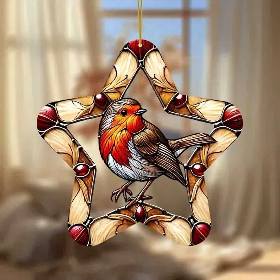1 Stück Lebendiger Rotkehlchen Vogel Gartenlichtfänger - Fensterhänge Dekoration mit Hanfschlaufe, Ideal für Wohnzimmer und Innenhof