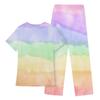 Women's Short Sleeve V Neck Gradient Print Chest Pocket Work Top Elastic Waist Pants Two Piece Work Set