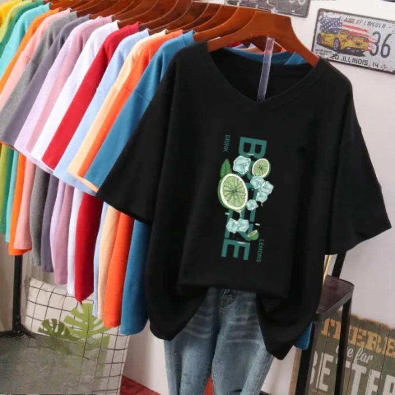 Kurzärmeliges T-Shirt, Locker sitzend, Schlankmachendes bedrucktes V-Ausschnitt-Top für Damen