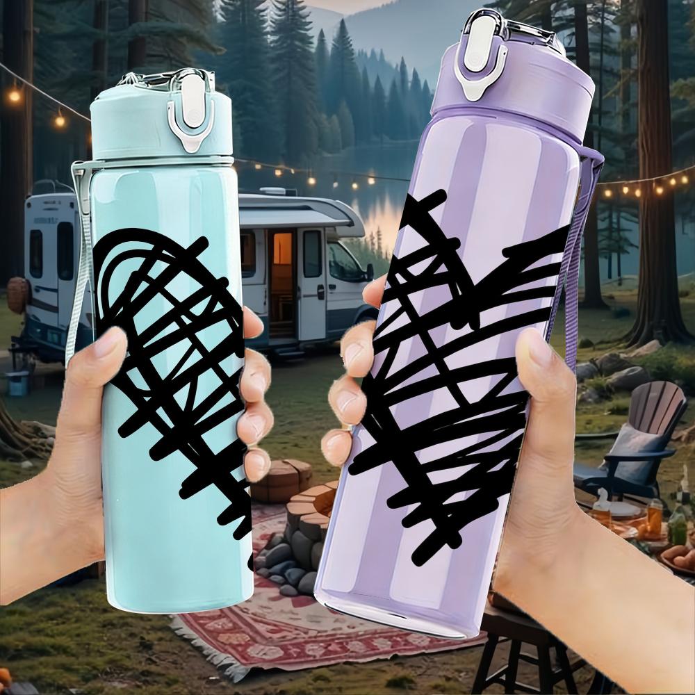 1PC Rough Line Drawing Love Heart 750ml Color Plastic Sports Water Bottle Leakproof Flip Straw Lid Suitable for Sports Office Home Use