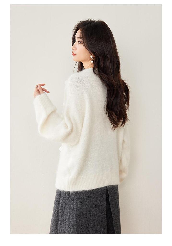 2024 Autumn/Winter Korean High-End Patchwork Gray Sequin Soft Warm Women's Round Neck Sweater