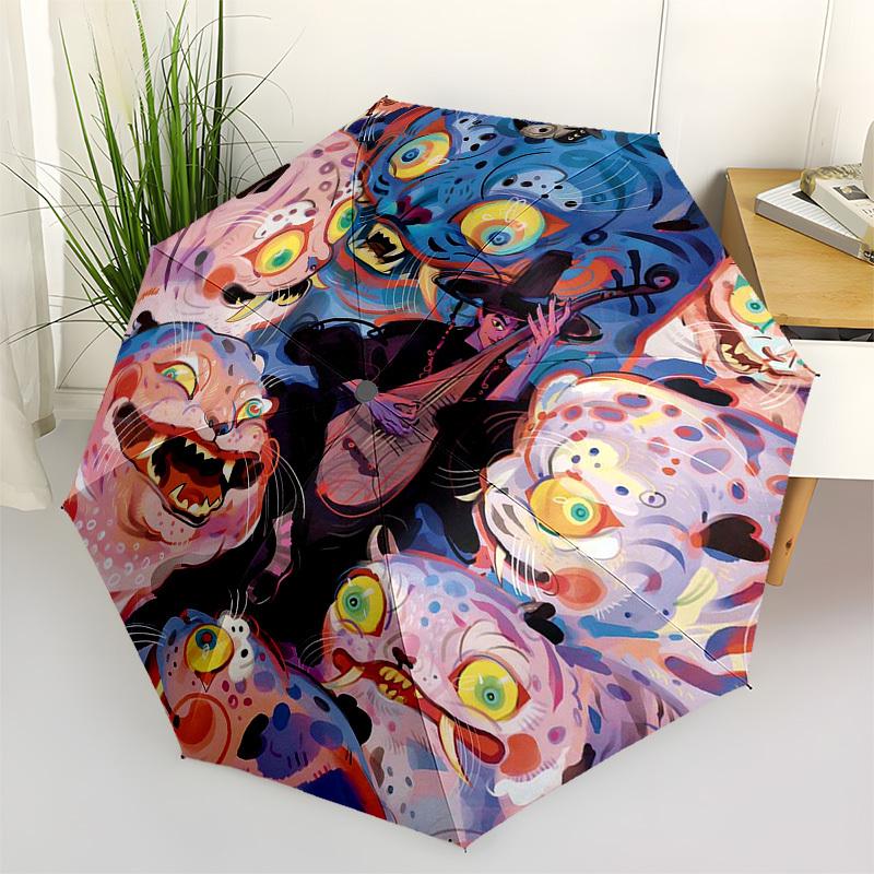

1pc Outdoor Umbrella with Magical Creatures and Wizard Design - Automatic Opening/Closing, Portable 3-Fold, 8-Rib Iron Frame - Perfect Gift for F